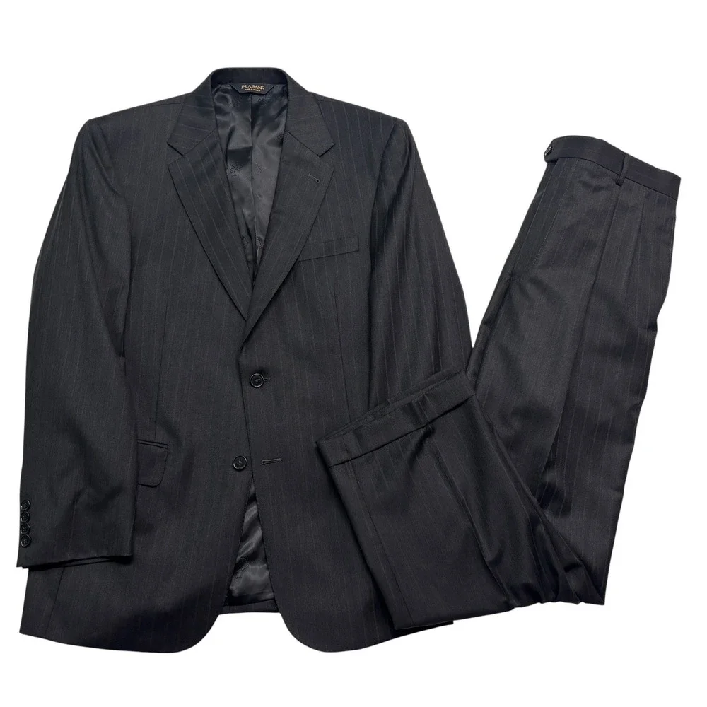 Jos A Bank 40R 34x30 Charcoal Stripe 2pc Pant Suit Signature Gold Pleated Cuff